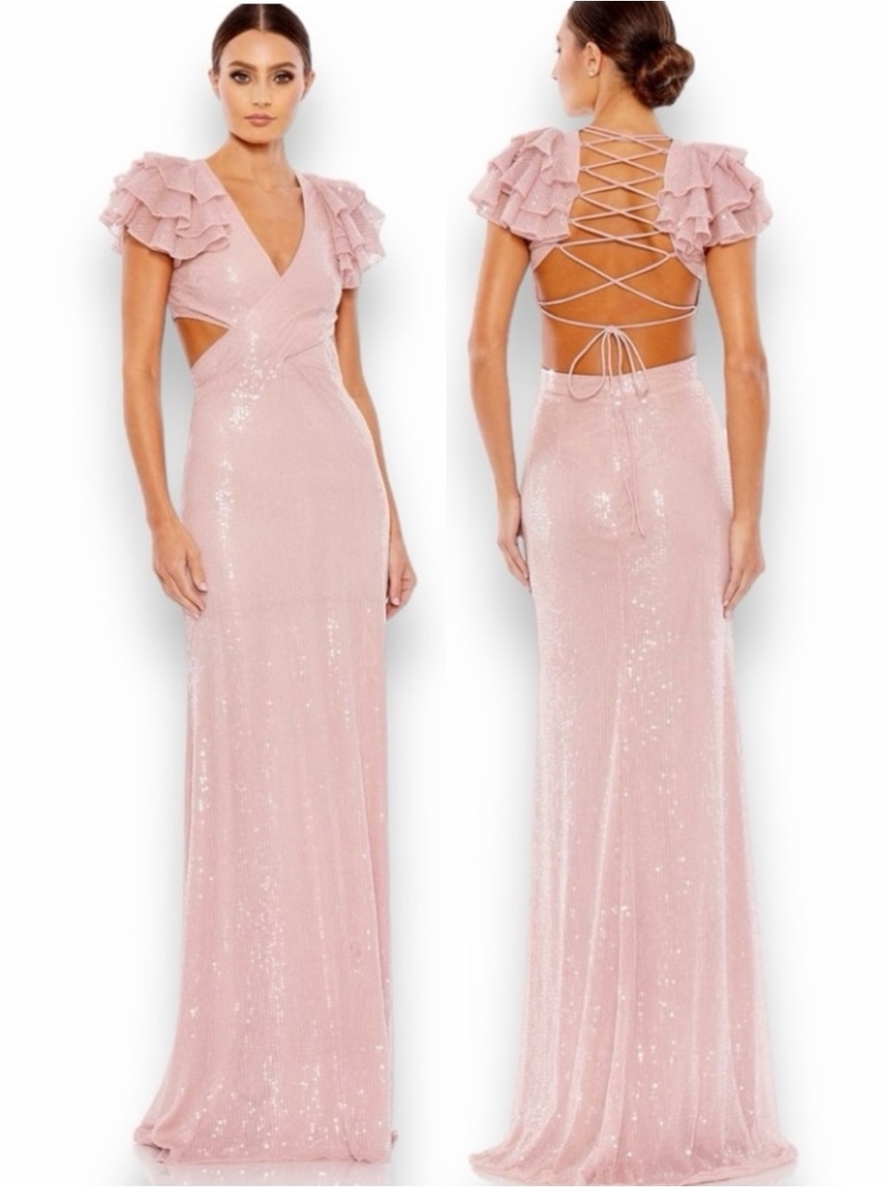 NWT Mac Duggal Rose Pink Sequin Ruffled Cut Out Formal Prom Maxi Gown Dress 4